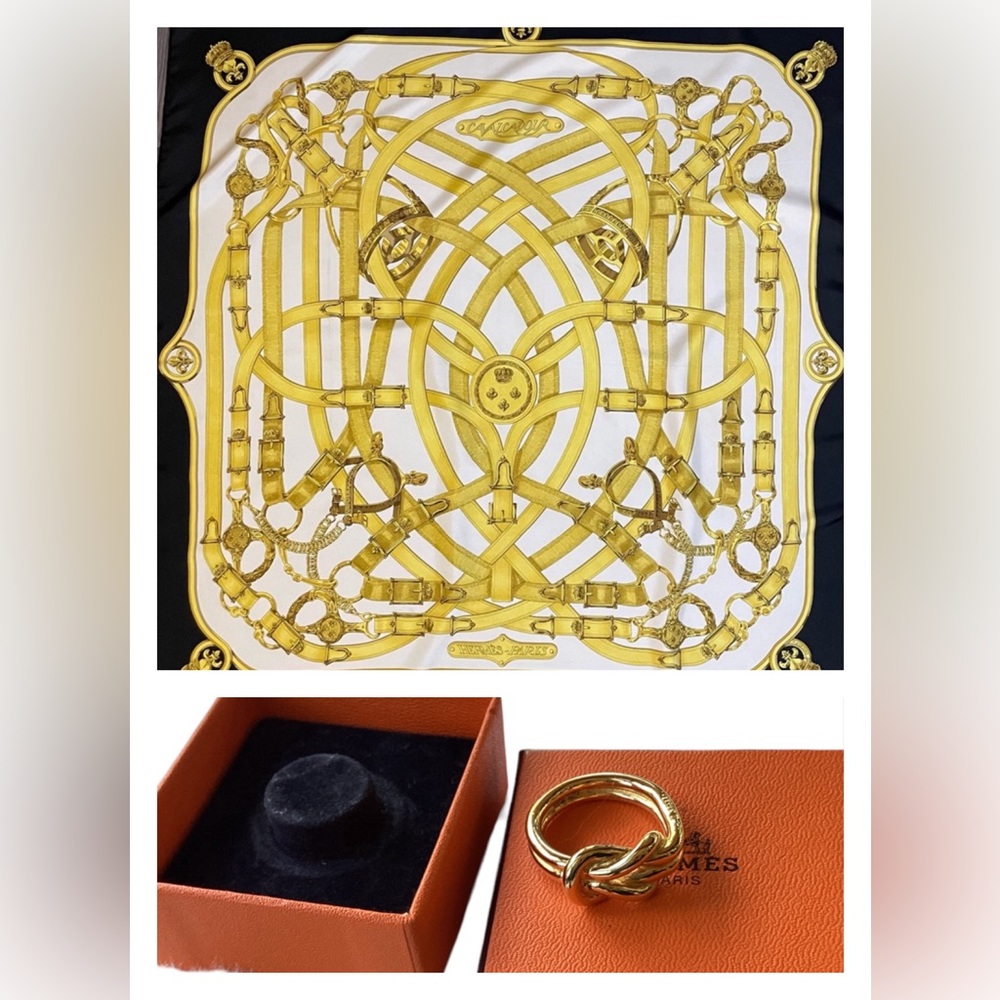 Vntg Hermes Silk Scarf Cavalcadour by Henri d'Origny & Hermes Scarf Ring (mjc)